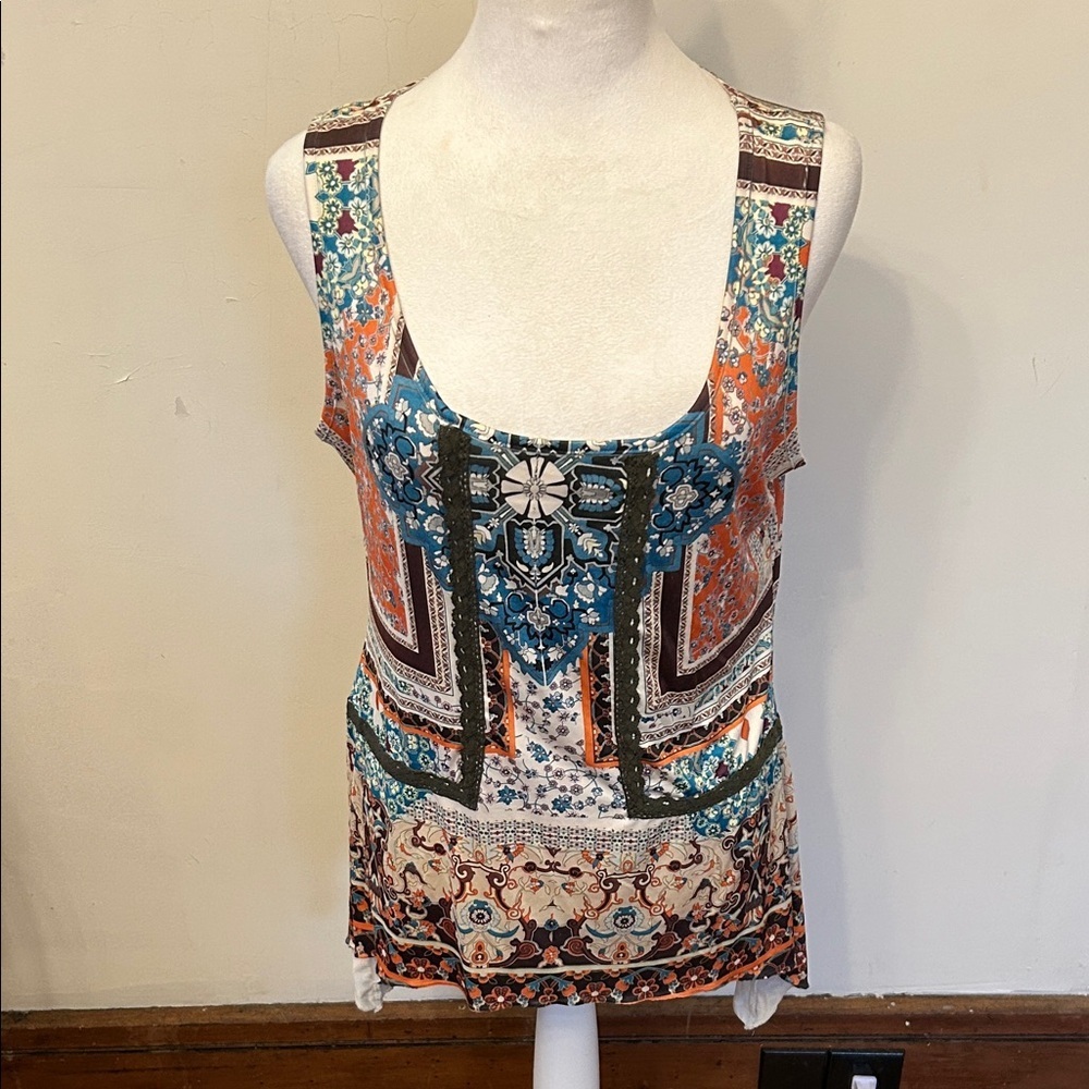 Live and Let Live Boho Printed Scoop Neck Brown Orange tank Size PL EUC